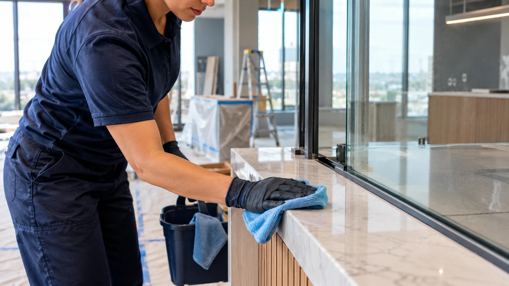 Professional detailed cleaning of a commercial countertop