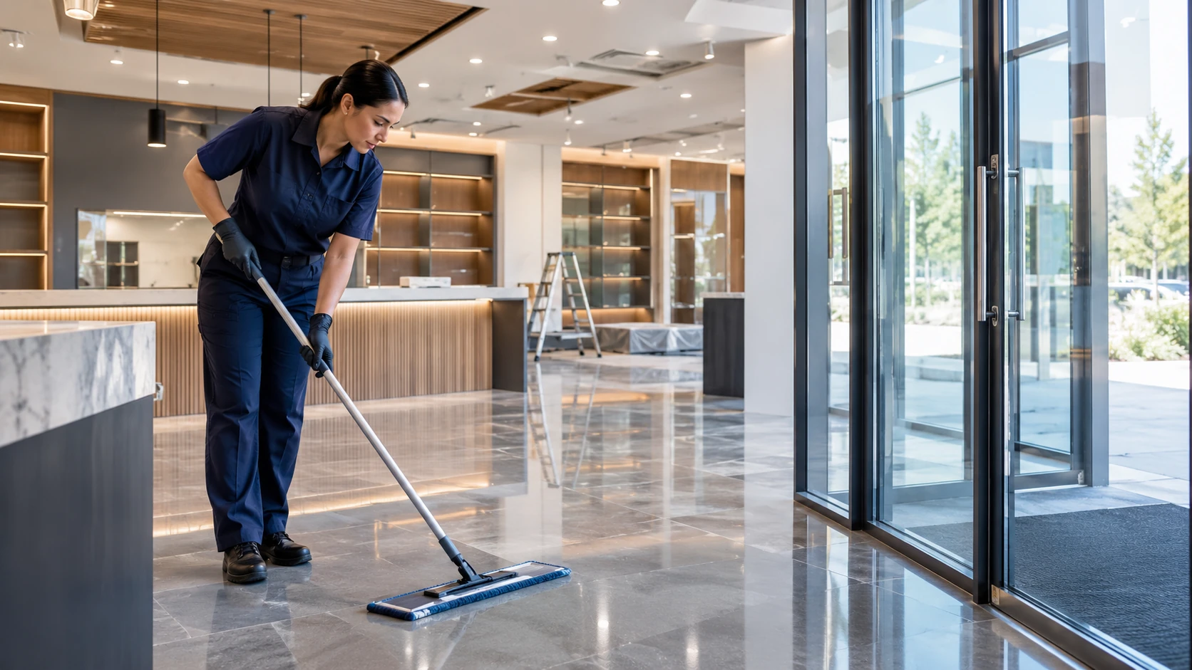 Professional cleaning of a modern commercial lobby